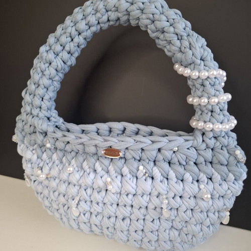Blue handmade knitted bag with pearls, new