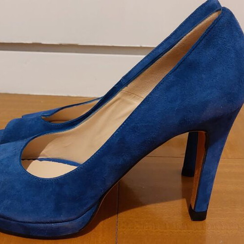 Michele Lopriore peep toe blue suede shoe, new, 10cm heel