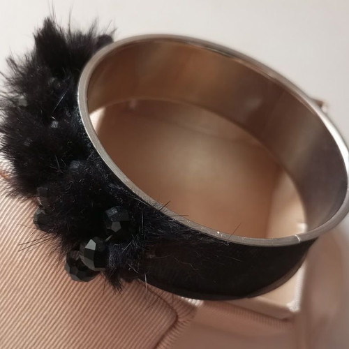 Women's stainless steel bracelet-cuff with black fur and beads