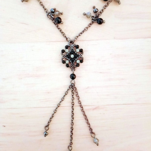 Women's chain necklace with black stones and zircon