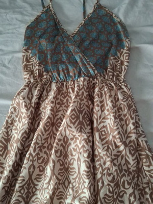 Satin maxi dress one size, airy and very cool, beige with turquoise stripes