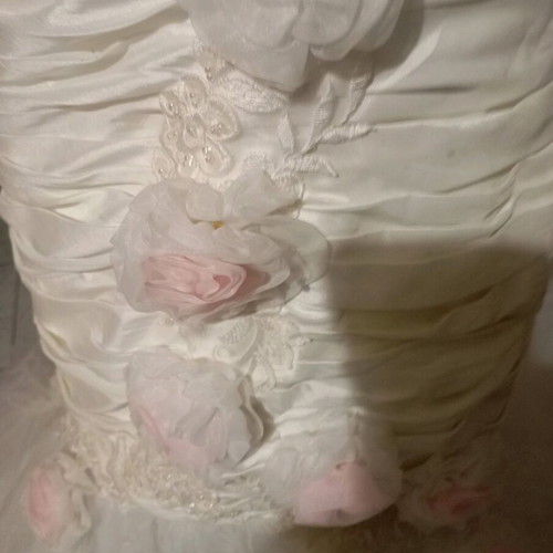 Wedding dress white strapless bust embroidered motif satin pleats size XL