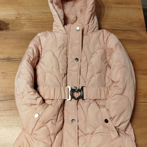 Primark Girls' Pink Winter Jacket with Hood and Heart Belt Size 3-4 Years