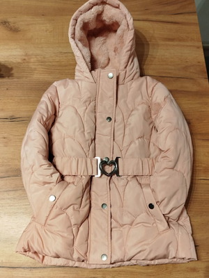 Primark Girls' Pink Winter Jacket with Hood and Heart Belt Size 3-4 Years