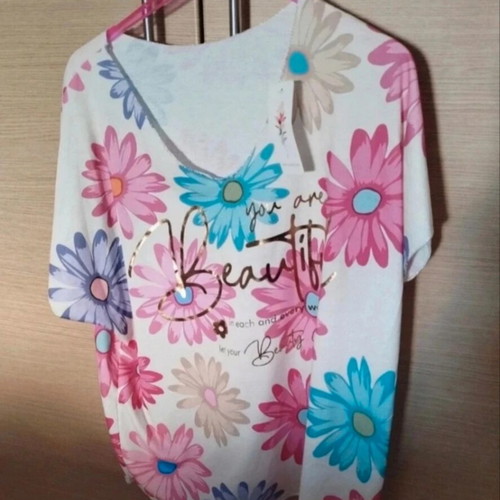 Floral cotton short-sleeve blouse, New Collection Italy, one size