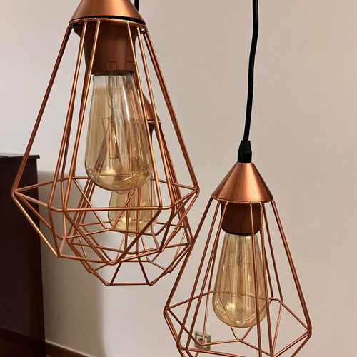 Metal copper-colored triple pendant light with Edison bulbs like new