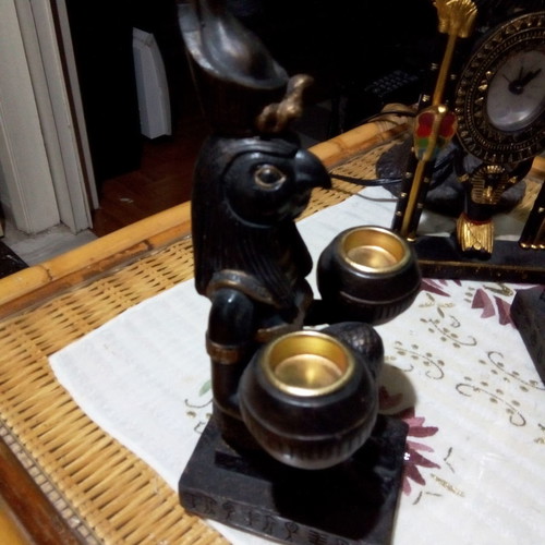 Ethnic table clock and two candle holders set used, Egyptian style