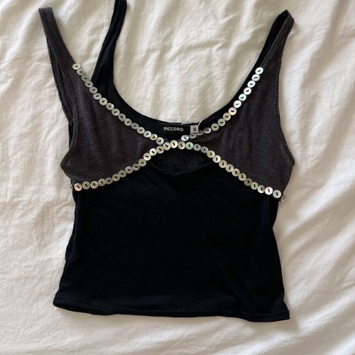 Piccoro shell button layered cami top, black and grey, size M