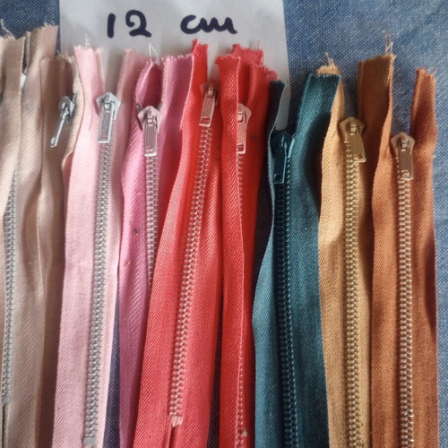 Set of 15 Metal Zippers, 12 cm, Various Colors, Vintage Stock