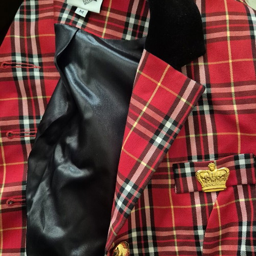 Manolo red plaid jacket with black velvet collar and pockets