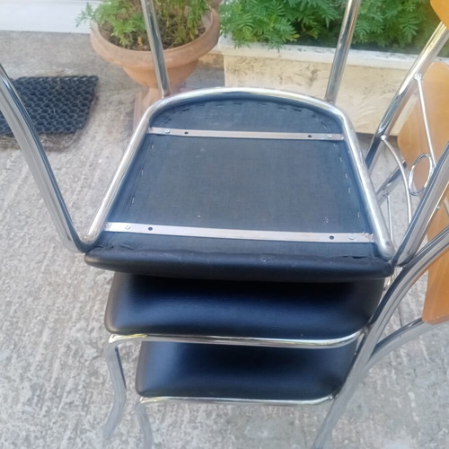 Dino dining chairs set of 3 used, metal frame and black leather