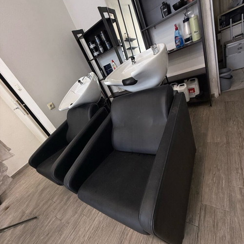 Hair salon equipment used with Electra sofa, table, mirrors, sinks, shelves