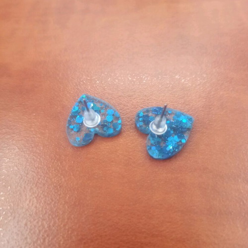 Heart earrings new, handmade from resin with blue glitter