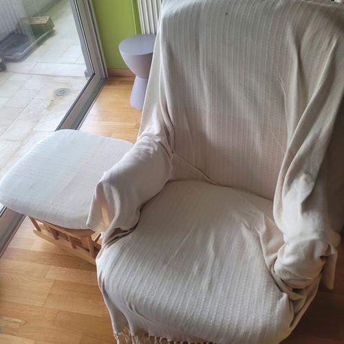 Dutailier nursing rocking chair used with footstool and throw