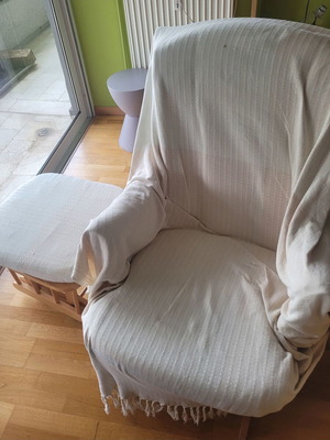 Dutailier nursing rocking chair used with footstool and throw