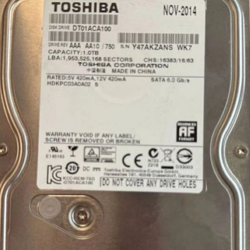 Toshiba DT01ACA100 1TB hard drive used, 100% health