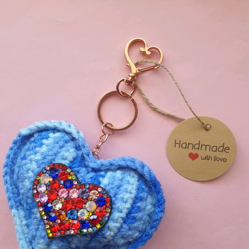 Heart-shaped blue ombre charm keychain with colorful rhinestones handmade new