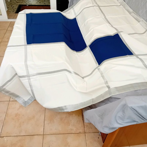 Tablecloth new cotton white with silver stripes and blue spots