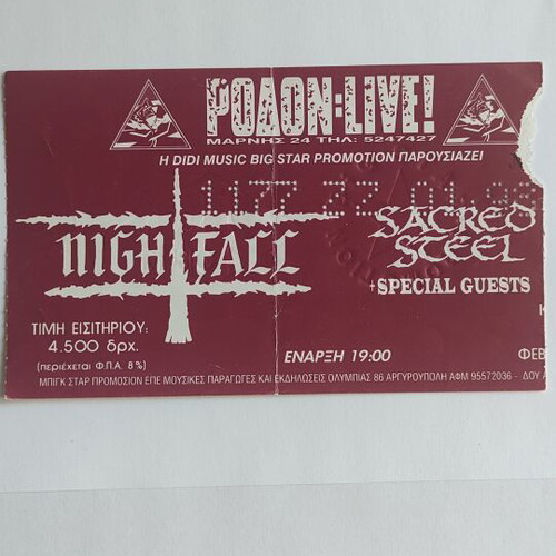 Nightfall and Sacred Steel concert ticket like new, 15-2-1998