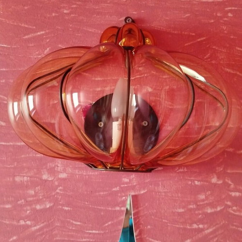 Murano blown glass wall light with brass details, amber color