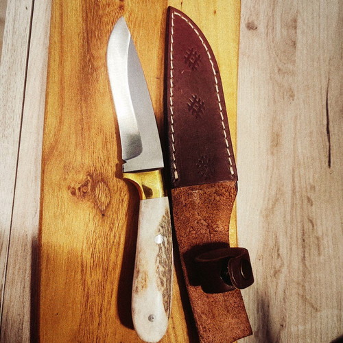 Hunting knife new, handmade with calf leather sheath and deer antler handle