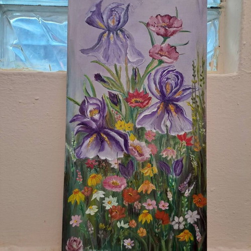 Oil painting canvas 30x65 cm used, lawn with flowers