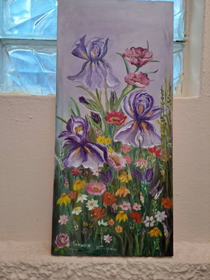 Oil painting canvas 30x65 cm used, lawn with flowers