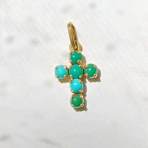 Gold Cross K18 Miniature with Turquoise and Chrysoprase like new