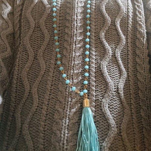 Turquoise faux jewelry necklace long with tassel, new, boho style