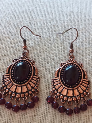 Boho style earrings with burgundy beads, stainless steel