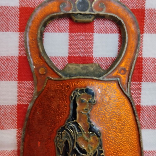 Vintage Greek Bottle Opener used, brass and enamel with Cretan costumes