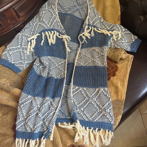 See U Soon Boho Knitted Kimono with Fringes One Size like new, blue and ecru