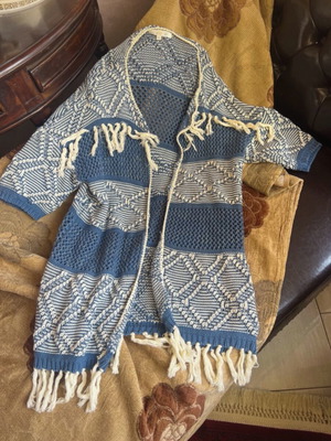 See U Soon Boho Knitted Kimono with Fringes One Size like new, blue and ecru