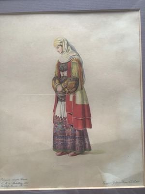 Chromolithograph of traditional Athens costume used, framed 45x50cm