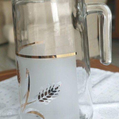 Vintage Italian Glass Pitcher with Gold Wheat Design like new