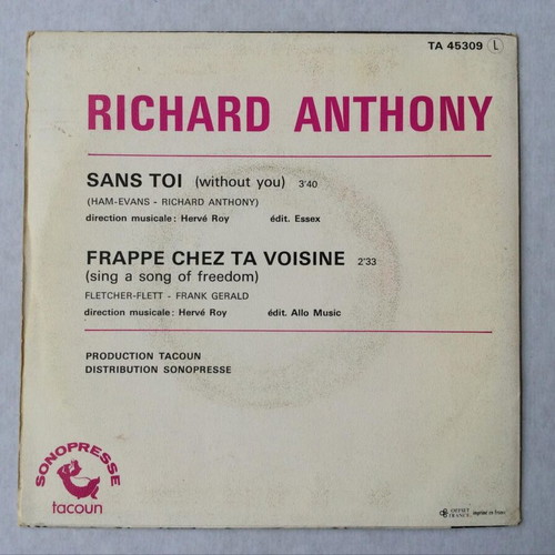 Richard Anthony Sans Toi 7'' vinyl record used, pop