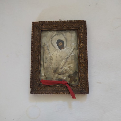 Saint John the Baptist religious icon used, 14 cm, framed with martyrdom ribbon