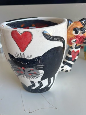Ceramic mug handmade with black cat and heart designs like new