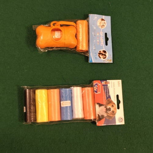 Dog poop bag dispenser set with refill rolls, orange and multicolor