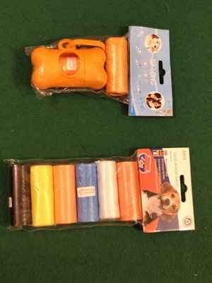 Dog poop bag dispenser set with refill rolls, orange and multicolor