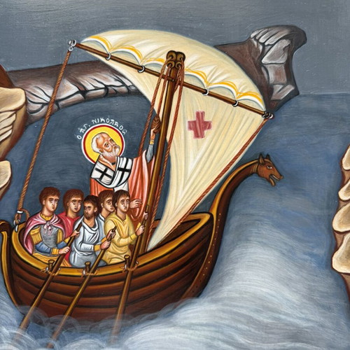Handmade Byzantine icon of Saint Nicholas protecting sailors
