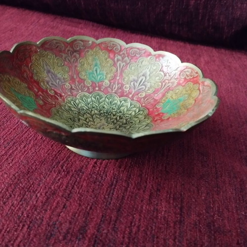 Indian brass bowl used with colorful enamel peacock design