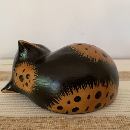 Wooden Sleeping Cat Figurine like new, hand-carved and painted