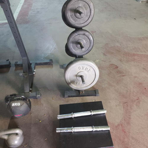 Home Gym Set like new with Viking bench, weights, kettlebells, plyo box