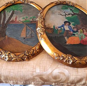 2 Καδρακια  vintage ζωγραφισμένα μέσα σε χρυσά στρογγυλά καδρα