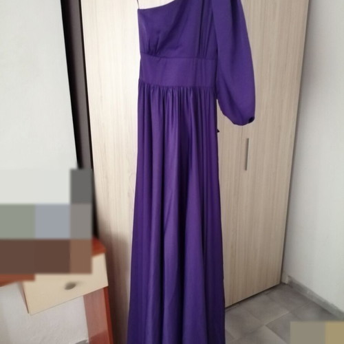Actualee long purple evening dress XS with one shoulder and puff sleeve