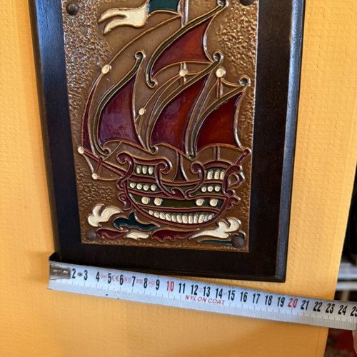 Embossed copper decorative ship on wooden base like new