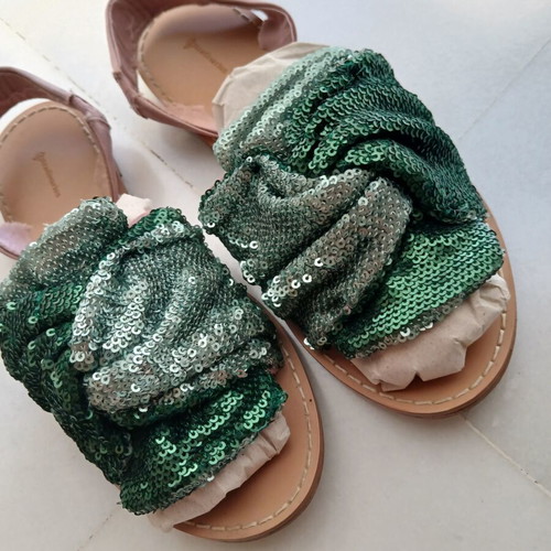 Statement sandals with green sequin design like new