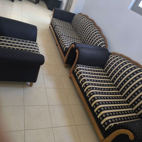 Living room furniture set with console, bookcase, and drawer unit