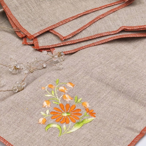 Table runner and six linen napkins set with decorative embroidery and orange trim new